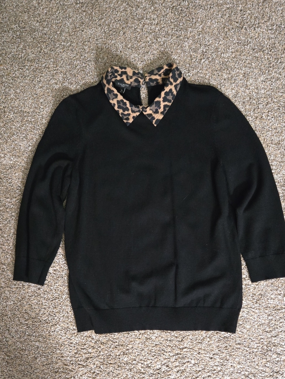 Talbots Black Sweater with Leopard-Print Collar